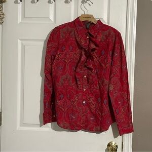 Lauren Ralph Lauren Red Multi Paisley Blouse XL Button Up Shirt Psychedelic Top
